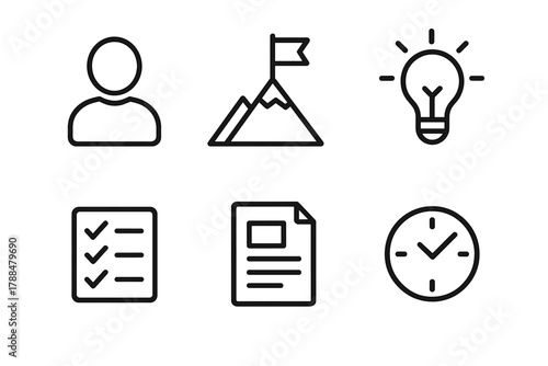 Icons of Personal Growth. Personal improvement linear icon set: person icon, flag on mountain, light bulb, checklist, document, clock.