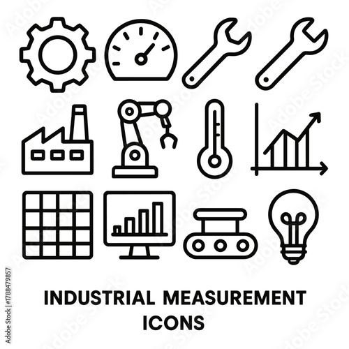 Industrial Tools Icons. Industrial Measurement linear icon set: gear, gauge, wrench, ruler, factory building, robot arm, thermometer, graph chart, data grid, monitor screen,