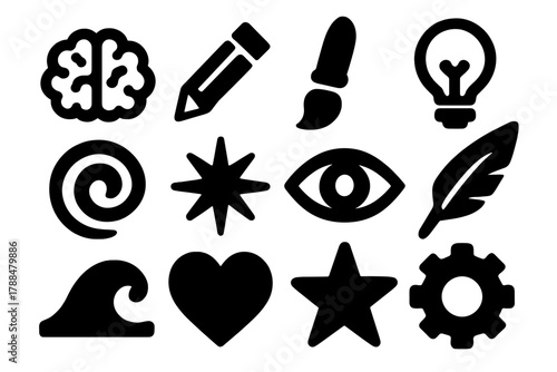 Creative Icons Collection. Creative Mind silhouette icon set: brain, pencil, paintbrush, light bulb, swirl, spark, eye, feather, wave, heart, star, gear. , .