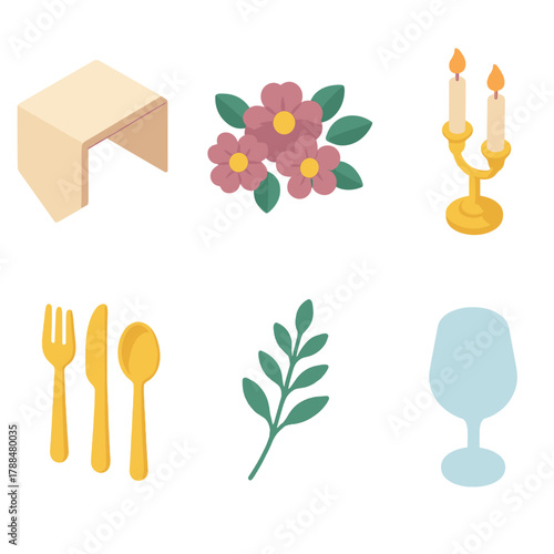 Elegant Table Icons. Elegant Table Design modern flat icons set: linen runner, floral decor, gold cutlery, candle holder, sprig, glass.