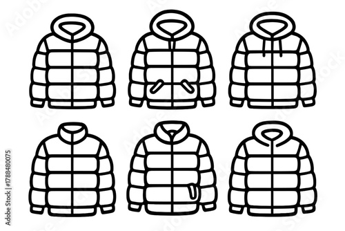Puffer Jacket Icons. Puffer Jackets linear icon set: quilted coat, zipper, hood, drawstring, pocket, sleeve cuff.
