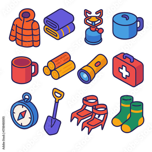 Cold Weather Essentials. Cold Weather Gear modern flat icons set: insulated jacket, fleece blanket, camping stove, pot, cup, firewood, flashlight, first aid kit, compass, snow