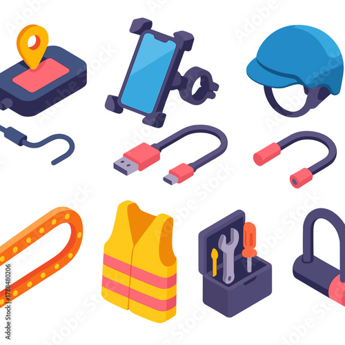 Smart Scooter Accessories. Smart Scooter Setup modern flat icons set: GPS tracker, phone mount, charger cable, helmet, LED strip, safety vest, toolkit, lock.