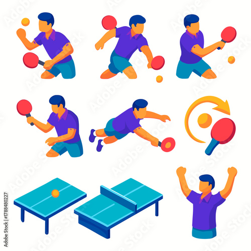 Isometric Sports Icons. Action Moments modern flat icons set: serve, return, backhand, forehand, dive, spin, goal zone, victory pose.