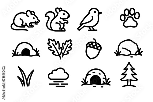 Nature Icons Collection. Groundhog Day – Nature & Wildlife linear icon set: field mouse, squirrel, bird, paw print, burrow mound, leaves, acorn, rock, grass blade, morning mist,