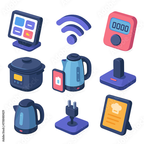 Smart Kitchen Icons. Smart Kitchen modern flat icons set: touch screen display, Wi-Fi symbol, smart scale, digital timer, multi-cooker, app-controlled kettle, charging dock, recipe