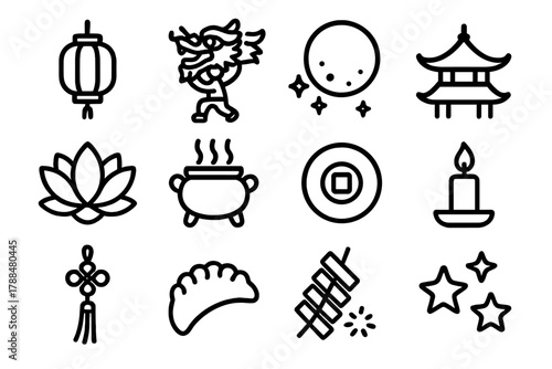 Spring Festival Icons. Spring Festival Night Icons linear icon set: lanterns, dragon dancer, moon, temple roof, lotus, incense burner, gold coin, candle, tassel, dumpling,