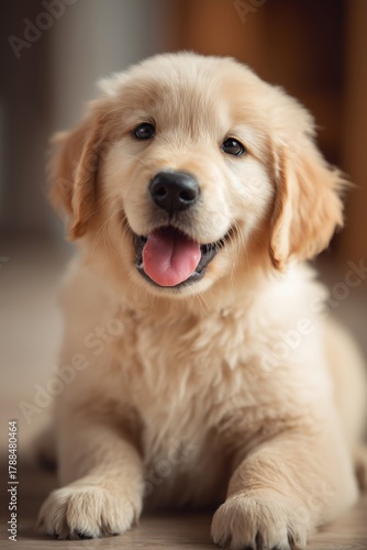 Golden Retriever Puppy Playing Indoors With a Cheerful Expression on a Sunny Day