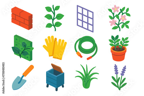 Urban Garden Essentials. Urban Garden Walls modern flat icons set: brick wall section, leafy vine, metal frame, climbing jasmine, eco-friendly panel, garden gloves, watering hose,