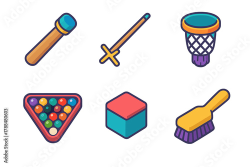 Modern Billiards Icons. Game Equipment modern flat icons set: cue tip, rest stick, pocket net, balls set, chalk cube, brush.