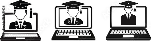 Virtual lecture icon with clean bold lines representing distance learning, online meeting, and professional teaching