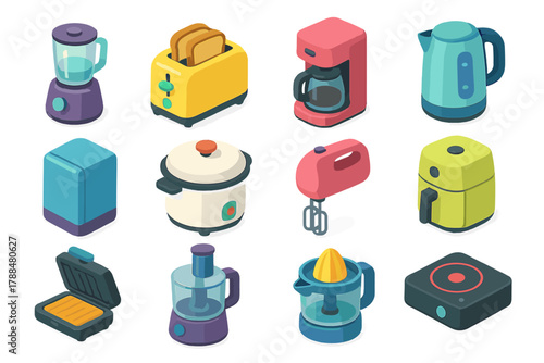 Mini Appliance Icons. Modern Mini Appliances modern flat icons set: compact blender, toaster, coffee maker, electric kettle, mini fridge, rice cooker, hand mixer, air fryer,