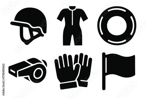 Brutalist Safety Icons. Safety Gear silhouette icon set: helmet, wetsuit, life buoy, whistle, gloves, flag.
