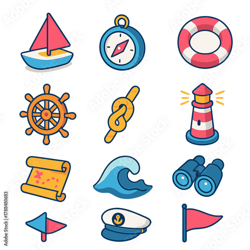 Nautical Icon Set. Nautical Adventure modern flat icons set: sailboat, compass, anchor, lifebuoy, ship wheel, rope knot, lighthouse, binoculars, map scroll, sea wave, captain hat,