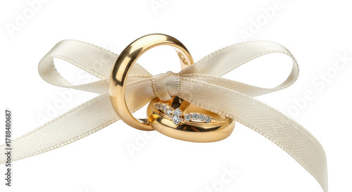 Elegant gold wedding rings adorned with diamonds tied together with a cream ribbon
