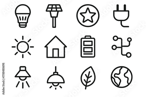 Sustainable Lighting Icons. Sustainable Lighting Icons linear icon set: LED bulb, solar lamp, energy star label, plug, sun, house, battery, circuit, light beam, lamp, leaf, globe.