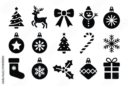 A collection of festive Christmas icons represents holiday symbols like trees, ornaments, and gifts.