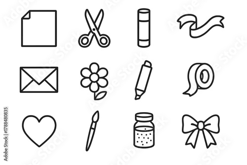 Outlined Craft Supplies. Handmade cards linear icon set: paper sheet, scissors, glue stick, ribbon, envelope, flower, marker, washi tape, heart, brush, glitter jar, bow.