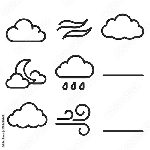 Diverse Cloud Icons. Cloud Formations linear icon set: fluffy cumulus, wispy cirrus, gray nimbus, clear sky, moon with clouds, raindrops, wind swirl, horizon line.
