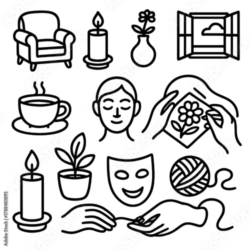 Cozy Creative Corner. Relaxing art sessions linear icon set: cozy chair, soft light, flower vase, open window, cup of tea, calm face, gentle hands, yarn ball, coloring page, candle