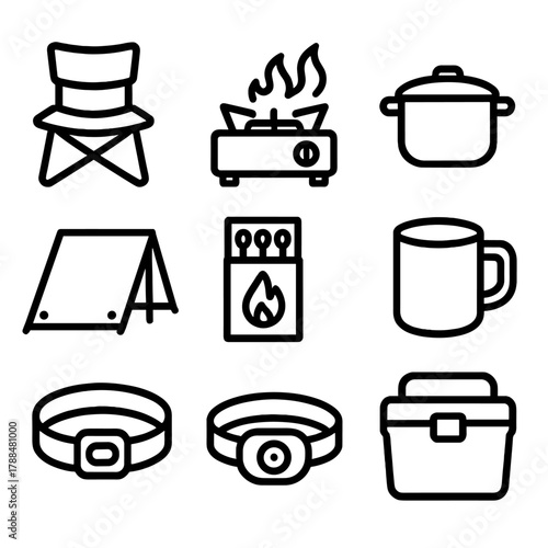 Camping Gear Icons. Camping Essentials linear icon set: folding chair, portable stove, cooking pot, camping mug, tarp, matches, headlamp, cooler box.