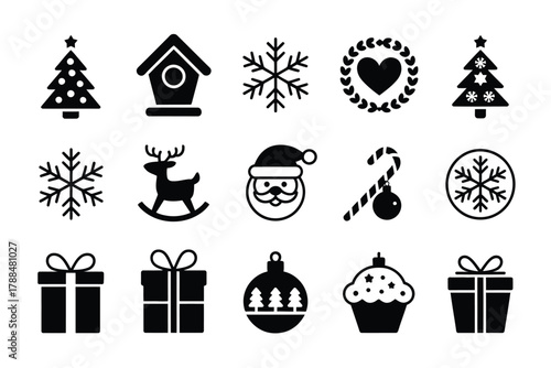 A collection of festive Christmas icons including trees, snowflakes, Santa Claus, and gifts.