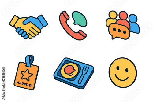 Community Connection Icons. Community Connection modern flat icons set: handshake, phone call, group chat, volunteer badge, meal tray, smiling face.
