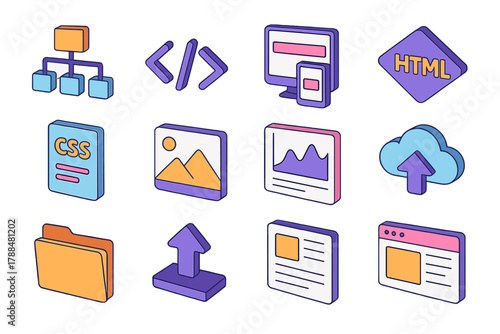 Modern Web Design Icons. Web design process modern flat icons set: sitemap, code brackets, responsive screen, HTML tag, CSS sheet, image placeholder, analytics graph, cloud storage