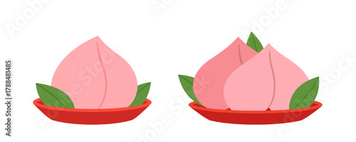 Set of Longevity peach buns clipart.
Pink peach of immortality illustration.
Chinese peach shaped birthday food.
White background. svg.