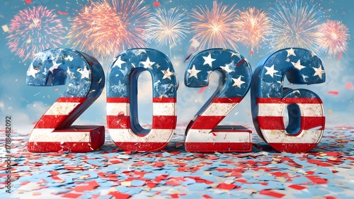 Happy New year 2026. Semiquincentennial Celebration with Flag and Fireworks