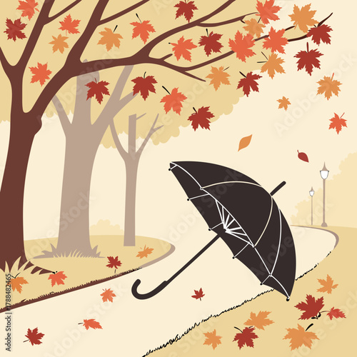 Autumn park scene with falling leaves and an open umbrella