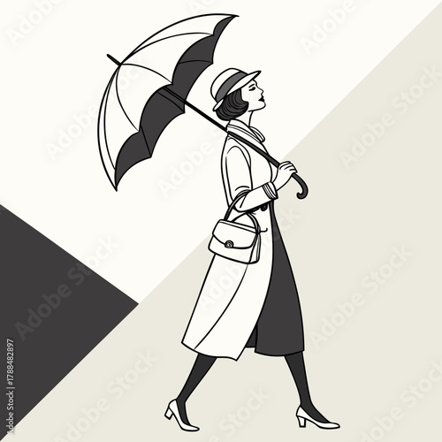 Elegant woman in vintage style walking with umbrella and handbag