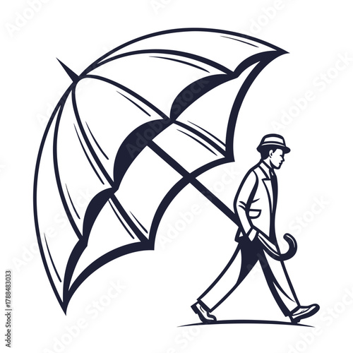 Man in suit walking under large umbrella