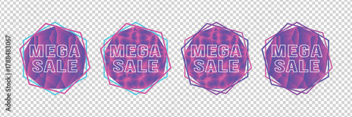 Vibrant neon purple, pink Mega Sale low poly crystal badge. Futuristic geometric design perfect for ecommerce, gaming, and big promotions.