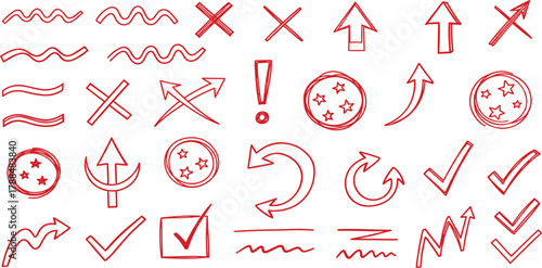 Red Hand-Drawn Arrow and Check Mark Doodle Vector Set: X-Marks, Curls, Waves, Exclamation Points, and Graphic Symbols for Attention, Correction, Direction, and Interface Design.