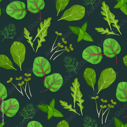 Herbs seamless pattern with fresh green leaves, spinach, arugula, dill, mint, and microgreens isolated on a dark green background.