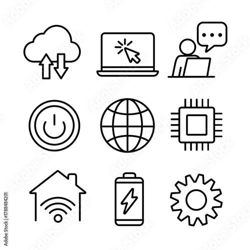 Line art set of technology icons including cloud storage with upload and download arrows, laptop icon, working people with laptop, power button icon, internet globe icon, microchip, etc.