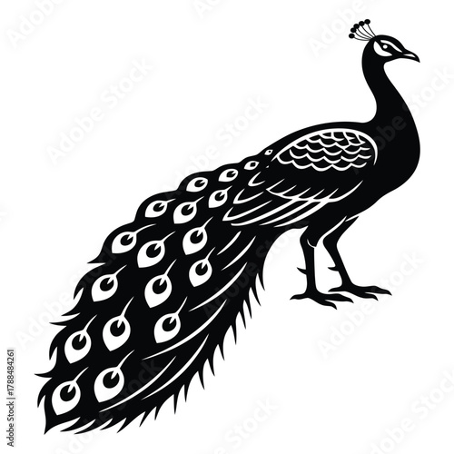 Elegant black silhouette of a peacock with elaborate tail feathers.