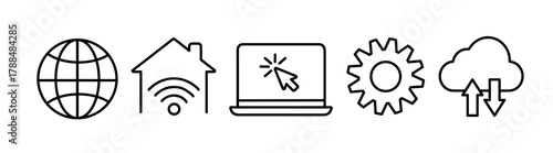 Line art set of technology icons including house icon with WiFi sign, internet globe icon, laptop, gear settings, and cloud storage with upload and download arrows isolated on white background. 