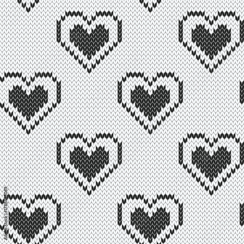 Hearts  jacquard knitted seamless pattern. Black and white background. Vector illustration.