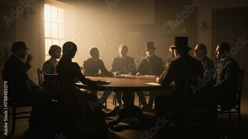 Historical Meeting in Dimly Lit Room: Dramatic Lighting and Intense Discussion Scene