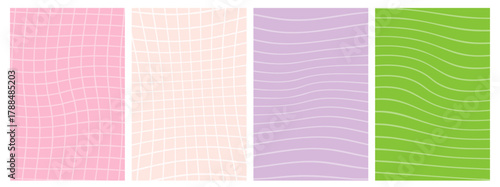 4 vector backgrounds of wavy grid and lined Patterns in shades of pink purple and green