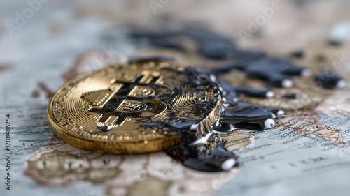 Wallpaper Mural Detailed macro composition of reflective Bitcoin covered in black oil slick atop world map, symbolizing the fusion of cryptocurrency, energy, and international trade Torontodigital.ca