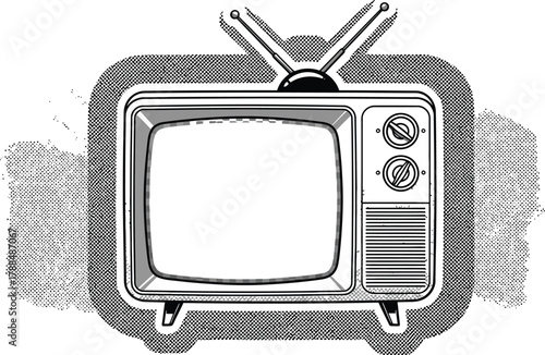 Classic black and white retro television set graphic with antenna, showcasing a vintage media entertainment device and broadcast communication technology design