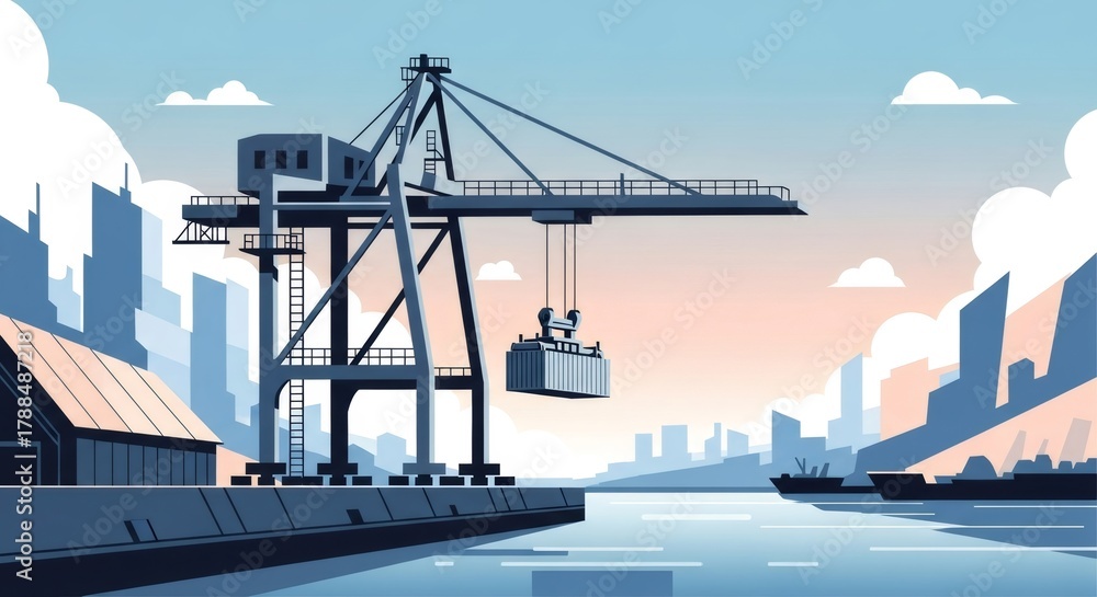 Obraz premium Port crane loading cargo container onto ship. International trade, logistics, and supply chain management for global freight shipping.