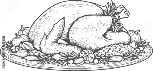 Handdrawn roasted turkey on a platter with garnishes