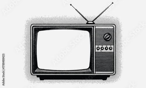 Retro monochrome illustration of a classic television set with rabbit ear antenna, evoking timeless entertainment, vintage media, and nostalgic broadcast technology