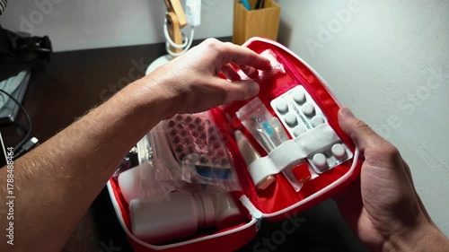 Careful medicine tab counting, Systematic arrangement of medication in first aid kit for safety, White hands meticulously inspecting blister packs for proper medication management at home