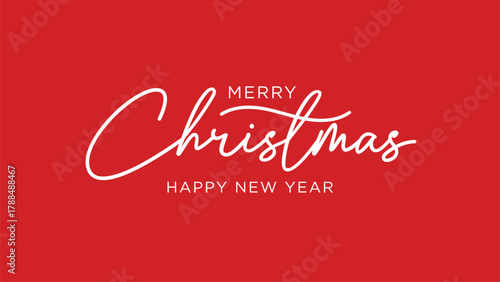 Merry Christmas And Happy New Year Greeting Card With Elegant Script On Red Background