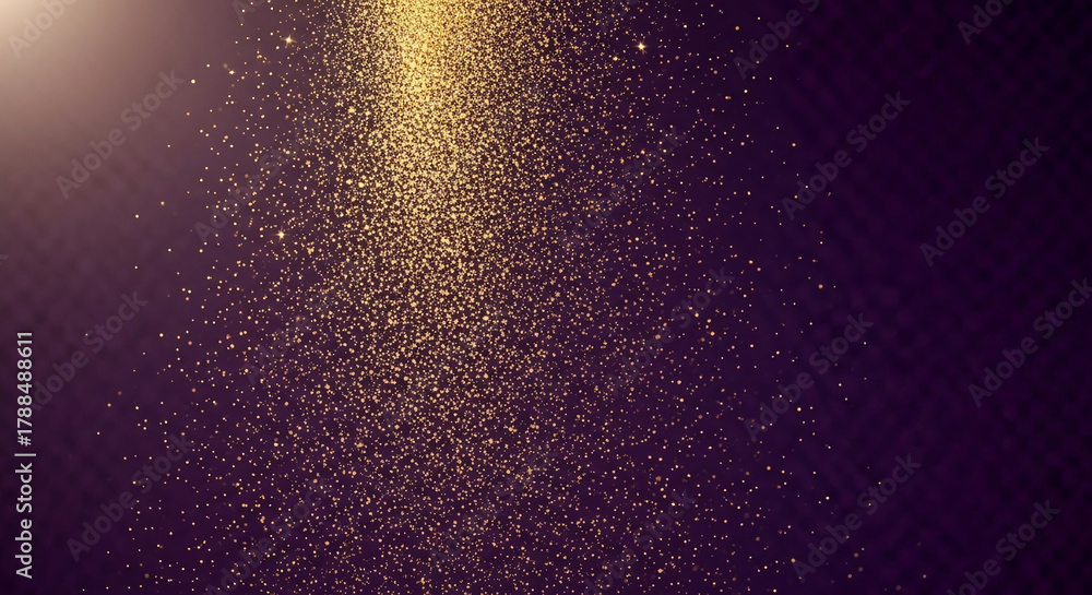 Obraz premium Golden glitter falling against dark violet backdrop, creating a sparkling and festive effect, representing luxury, celebration, or magical atmosphere